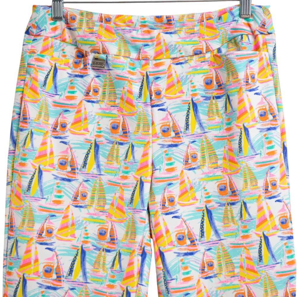 Lulu-B Womens Sz 10 Sailboat Print Pull On Pants Colorful Nautical Coastal Print